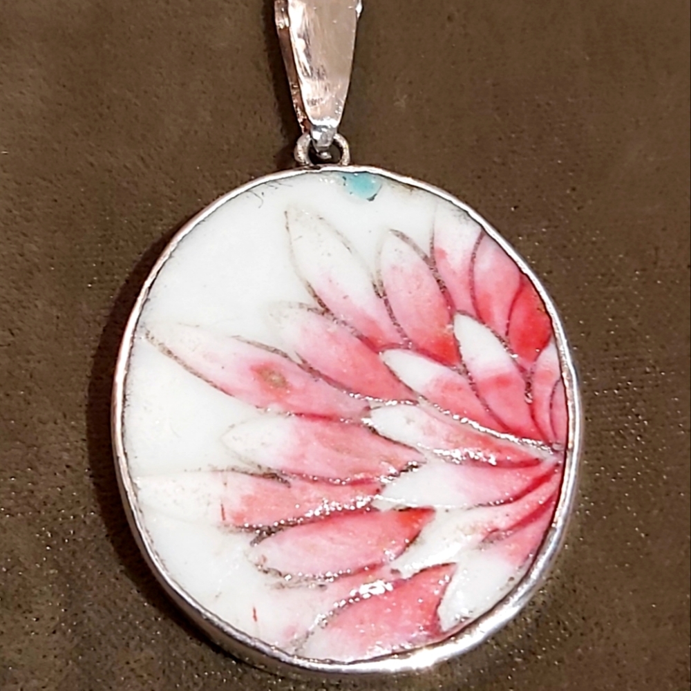 Custom Made Pendant Chinese Ceramic Pottery set in Sterling Silver